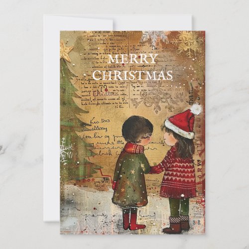 Vintage Christmas Tree Children Snow Holiday Card