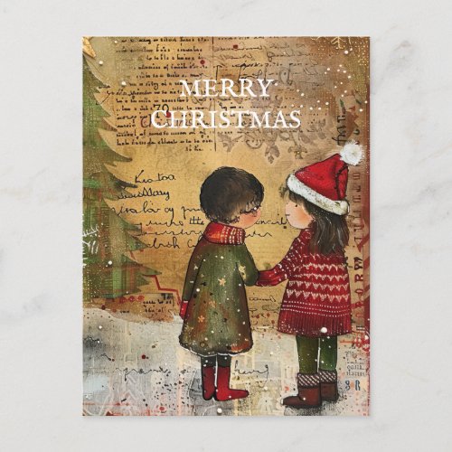 Vintage Christmas Tree Children Snow Holiday Postcard