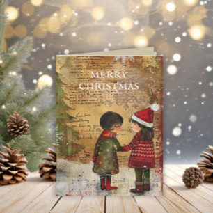 Vintage Christmas Tree Children Winter Snow Holiday Card