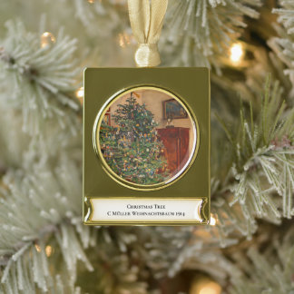 Vintage Christmas Tree Close-up Gold Plated Banner Ornament