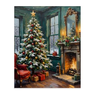 Vintage Christmas Tree & Cozy Fireplace Art