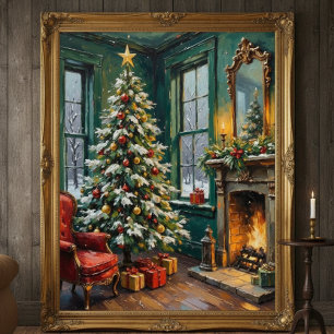 Vintage Christmas Tree & Cozy Fireplace Art