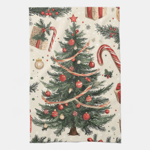 Vintage Christmas Tree Cream Red Green Toile Kitchen Towel