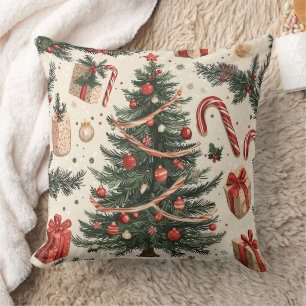 Vintage Christmas Tree Cream Red Green Toile Throw Pillow