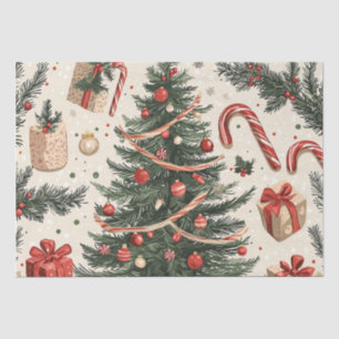 Vintage Christmas Tree Cream Red Green Toile Tissue Paper