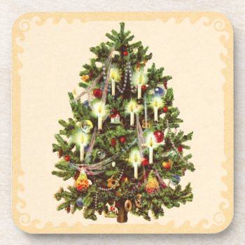 Vintage Christmas Tree Drink Coaster by xmasstore at Zazzle