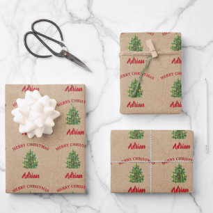 Vintage Christmas Tree Festive Custom Name Kraft Wrapping Paper Sheets