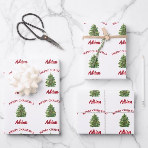 Vintage Christmas Tree Festive Xmas Custom Name Wrapping Paper Sheets