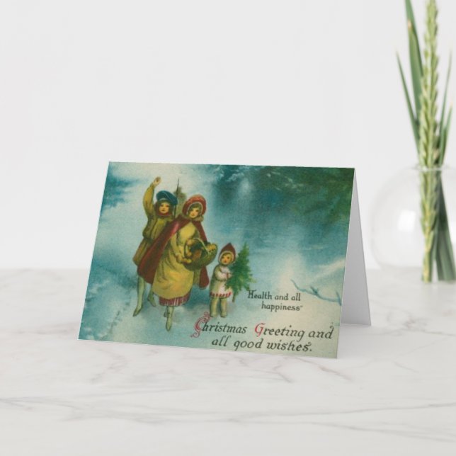 Vintage Christmas Tree Gathering Holiday Card (Front)