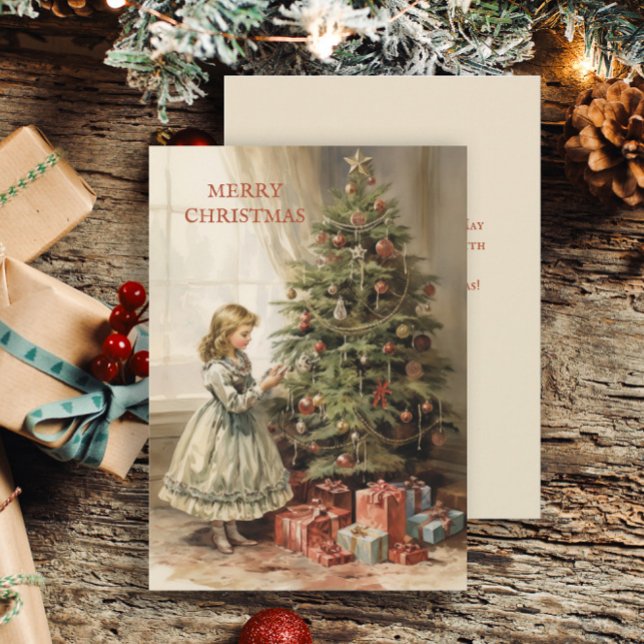 Vintage Christmas Tree Girl Gifts Holiday Card (Vintage girl and Christmas tree greeting card customizable with your own text.)