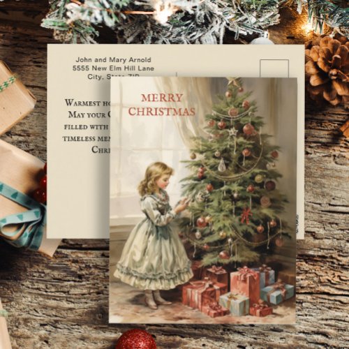 Vintage Christmas Tree Girl Gifts Holiday Postcard