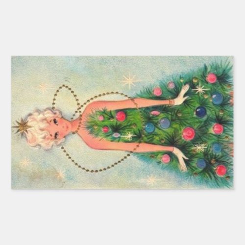 Vintage Christmas Tree Girl Rectangular Sticker