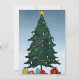 Vintage Christmas Tree Gold Star and Wrapped Gifts Holiday Card