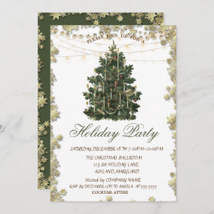 Vintage Christmas Tree Gold Stars Holiday Invitation
