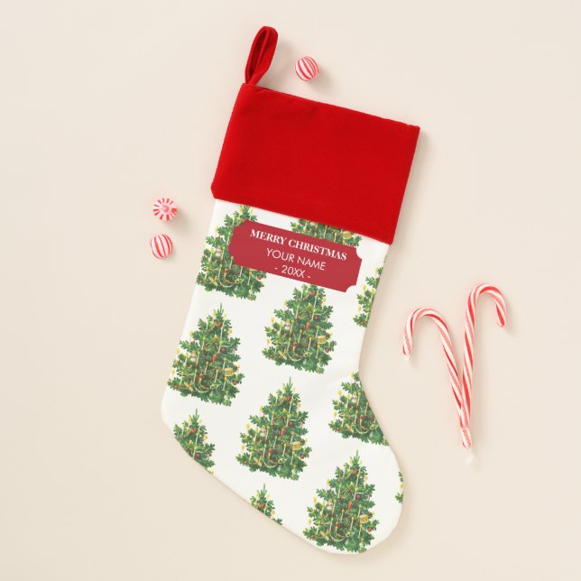 Vintage Christmas Tree Holiday Custom Name Christmas Stocking (Front)