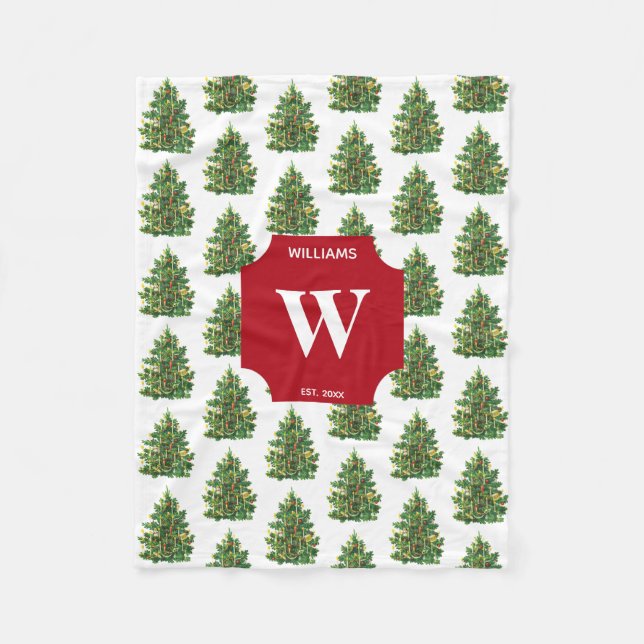 Vintage Christmas Tree Holiday Monogrammed Fleece Blanket (Front)