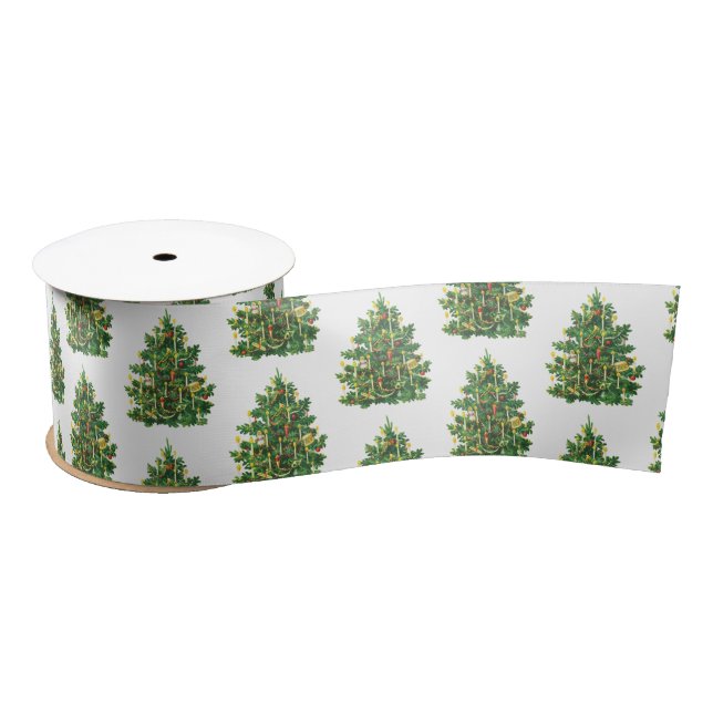 Vintage Christmas Tree Holiday  Satin Ribbon (Spool)