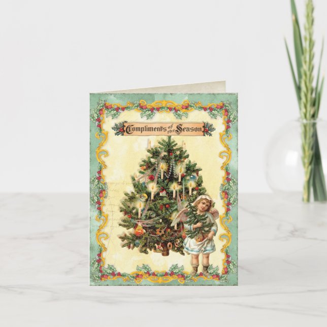 Vintage Christmas Tree, holly and angel Card (Front)