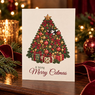 Vintage Christmas Tree Kitten Merry Catmas Holiday Card