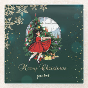 Vintage Christmas Tree,Little Girl Snowflakes Glass Coaster