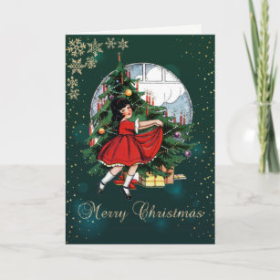 Vintage Christmas Tree,Little Girl Snowflakes   Holiday Card