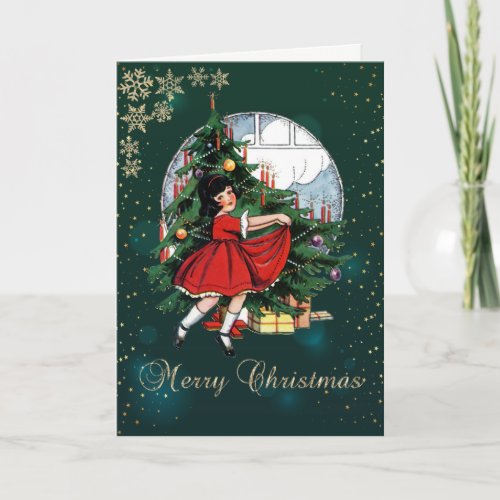 Vintage Christmas TreeLittle Girl Snowflakes   Holiday Card