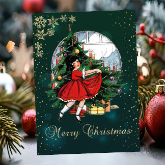 Vintage Christmas Tree,Little Girl Snowflakes Holiday Card