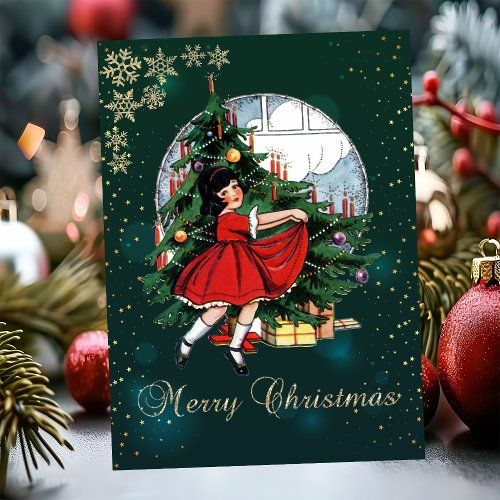 Vintage Christmas TreeLittle Girl Snowflakes   Holiday Card