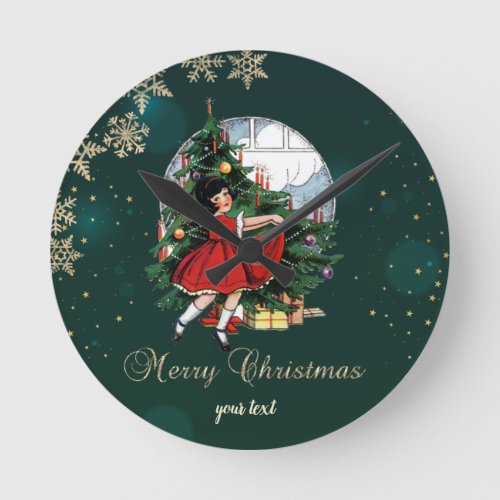 Vintage Christmas TreeLittle Girl Snowflakes Round Clock