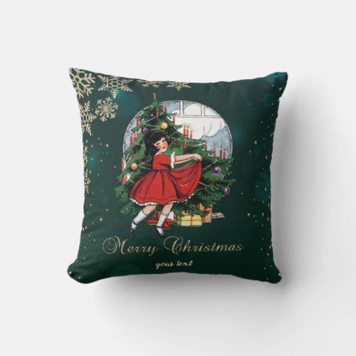 Vintage Christmas TreeLittle Girl Snowflakes    Throw Pillow