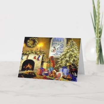 Vintage Christmas Tree Livingroom Scene Holiday Card by PrintablePretty at Zazzle