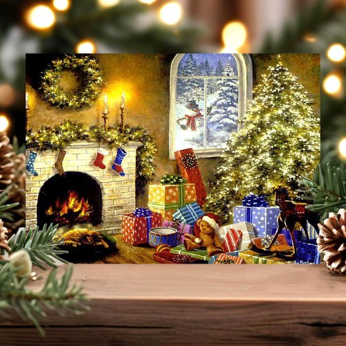 Vintage Christmas Tree Livingroom Scene Holiday Card