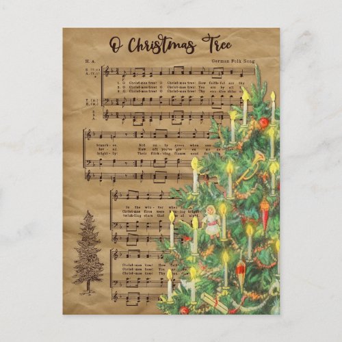 Vintage Christmas Tree Music Holiday Postcard