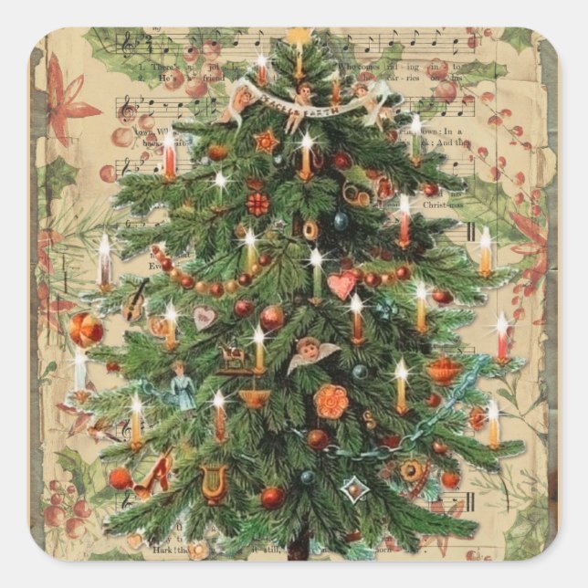 Vintage Christmas Tree Music Square Sticker (Front)