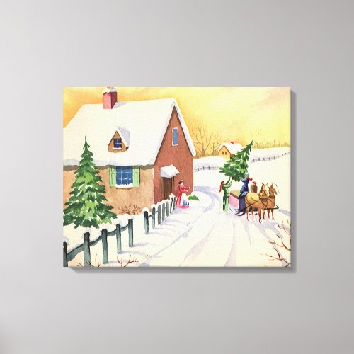 Vintage Christmas Tree on a Snowy Winter Road Canvas Print