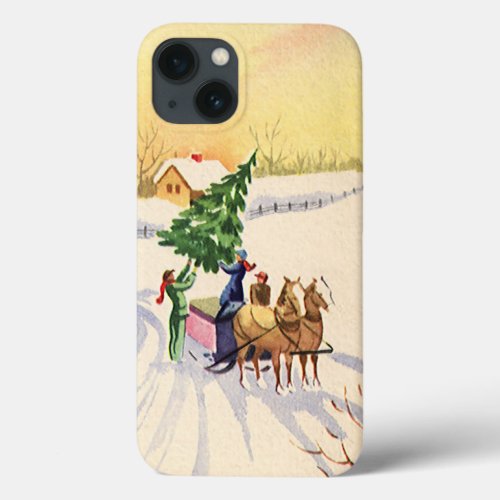 Vintage Christmas Tree on a Snowy Winter Road iPhone 13 Case