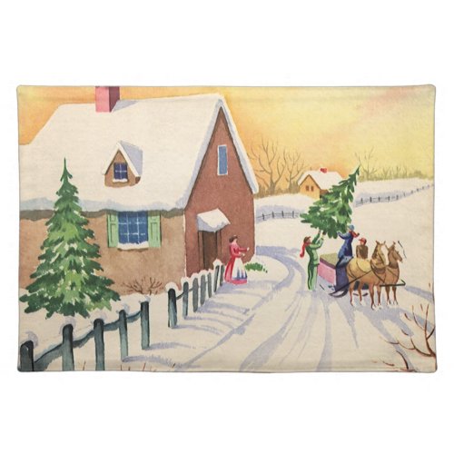 Vintage Christmas Tree on a Snowy Winter Road Cloth Placemat