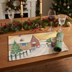 Vintage Christmas Tree on a Snowy Winter Road Cloth Placemat