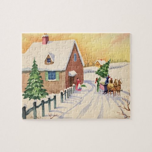 Vintage Christmas Tree on a Snowy Winter Road Jigsaw Puzzle