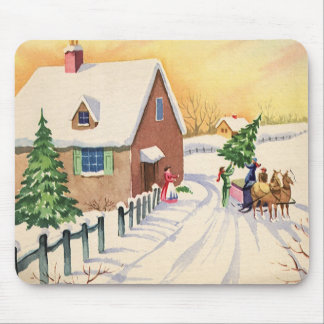 Vintage Christmas Tree on a Snowy Winter Road Mouse Pad