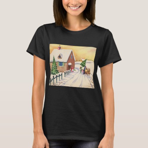 Vintage Christmas Tree on a Snowy Winter Road T_Shirt