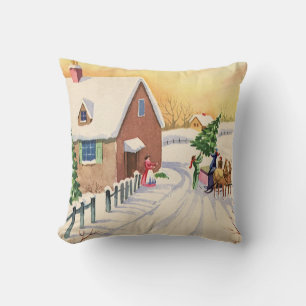 Vintage Christmas Tree on a Snowy Winter Road Throw Pillow