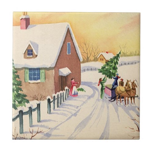 Vintage Christmas Tree on a Snowy Winter Road Tile