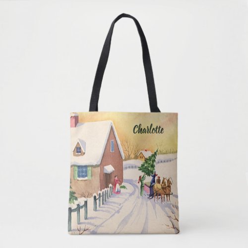 Vintage Christmas Tree on a Snowy Winter Road Tote Bag