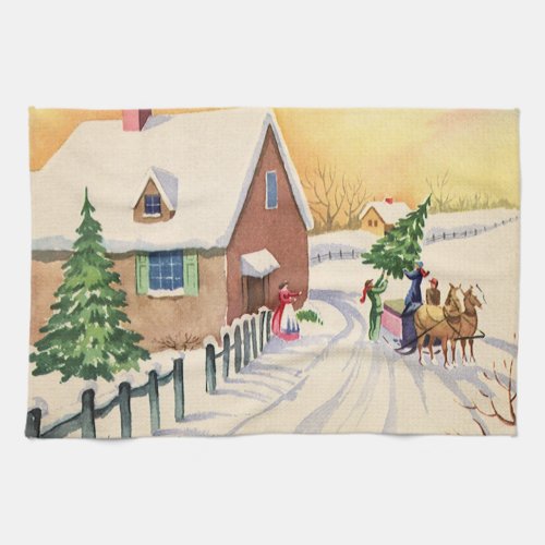 Vintage Christmas Tree on a Snowy Winter Road Towel