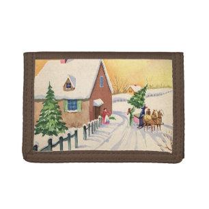 Vintage Christmas Tree on a Snowy Winter Road Tri-fold Wallet