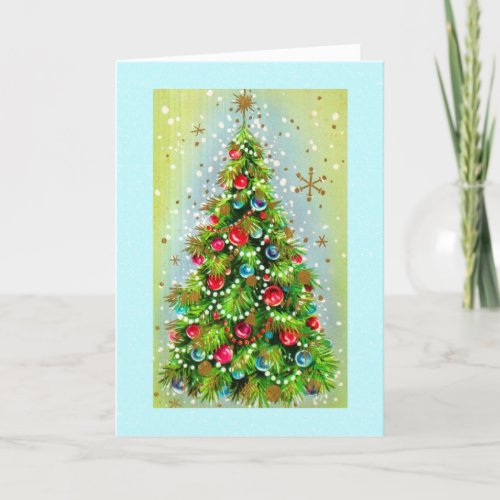 Vintage Christmas Tree on Aqua Photo Flash Bulb Ho Holiday Card