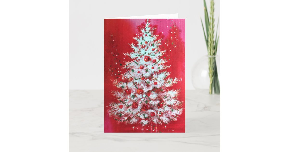Vintage Christmas Tree on Red with Your Signature Holiday Card | Zazzle