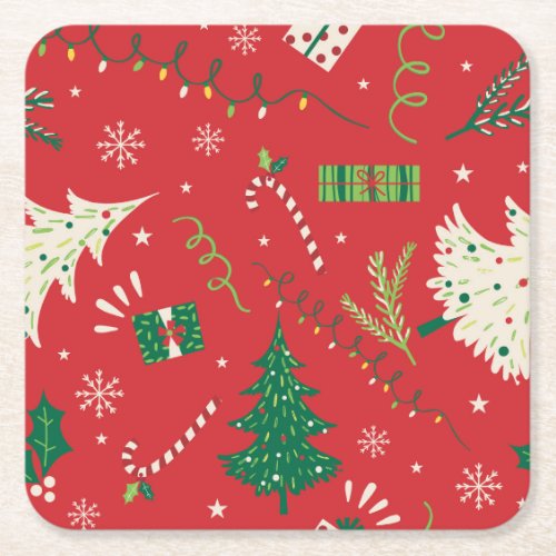 Vintage Christmas tree ornamental design Square Paper Coaster