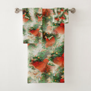 Vintage Christmas Tree Ornaments Holiday Red Bath Towel Set